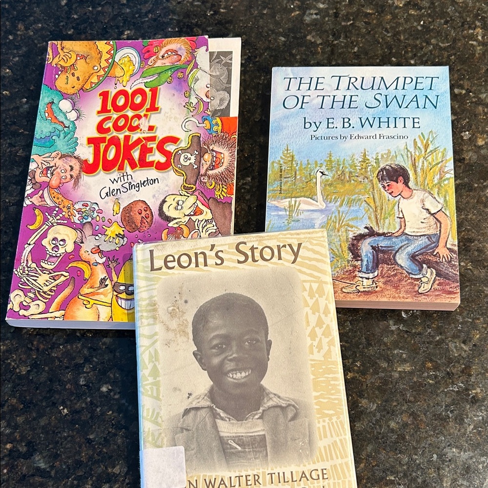 Lot of 3 children’s books, 1001 Cool Jokes, Trumpet of the Swan, Leon’s Story